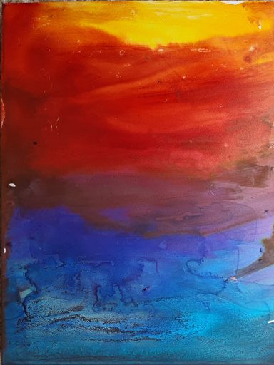 Emerging light Abstract alcohol ink - turquoise water leading to dark blue and purple then darkred and top right is bright yellow.
