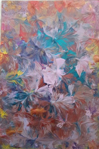 Everything at once Abstract array of golds and reds with hints of turquoise blue and yellow around central pale pink focal point.