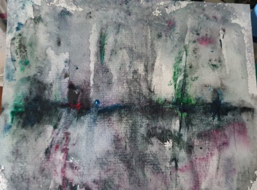 Dark Reflections Abstract water colour in grey with hint of pink, green and blue suggesting trees reflecting in water