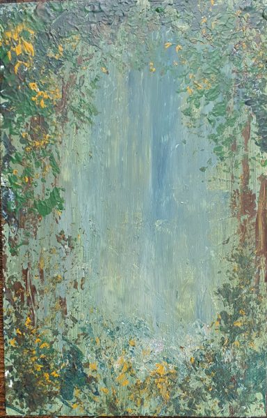 Into the Quiet Texture mixed media woodland scene in muted greens and blues framing a opening of light