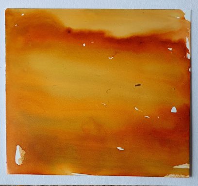 Harvest mist Small abstract landscape in amber and orange with pale green horizantal bands suggesting hedgerows and fields in the warm morning light