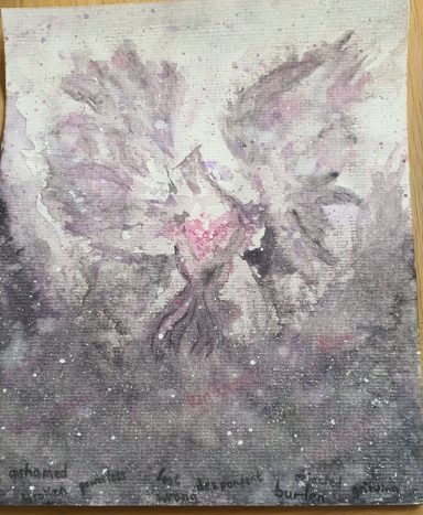 Healing Pheonix in grey, pale pink rising from grey depth of negativity words, with positive words in pink. The heart of bird reads "I am enough".