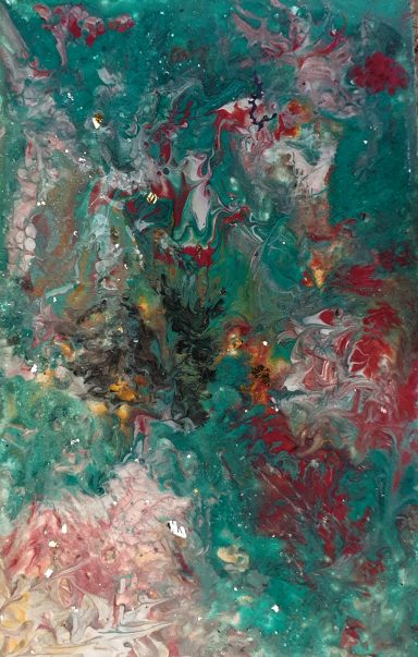 Halloween Fights Christmas Abstract shapes of green, red, gold around almost central black wing shape