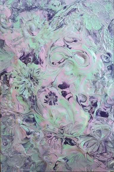 Emergence Mint green shapes suggestive of a woman kneeling on light purple background with dark purple flowers to represent the scars of pain healing.