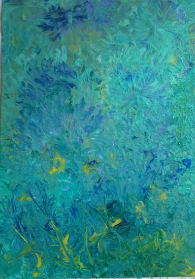 Meadow Dreams Abstract turquoise, dark blue with flashes of metallic dark green and yellow at the bottom