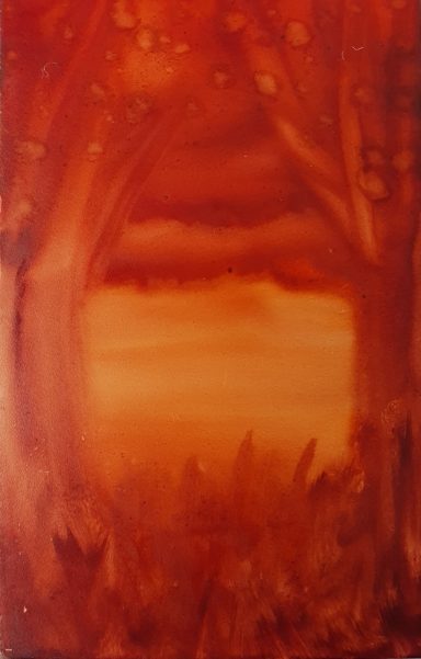 Red Dawn Abstract red/orange alcohol ink of vegetation and trees around light opening, designed to be viewed either way up.