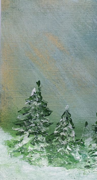 Touch of winter Two fir trees in the snow against stormy sky