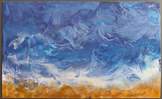 Shimmering sea Shimmering blue swirls above white then gold depicting waves hitting the beach