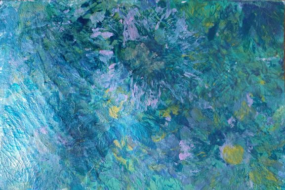 Sunflower dreams Abstract image of sunflowers in lavendar, turquoise and teal with hints of yellow with a metallic sheen.