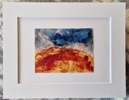 Harvest fire Textured oange and yellow hill with suggestion of grey smoke leading into dark sky.